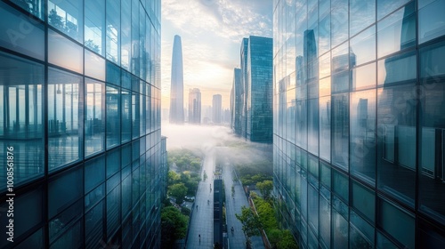 A wide-angle view of a city skyline where the glass buildings act as a canvas for the morning mist