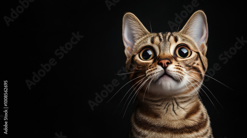 A beautiful Bengal cat with light brown and cream fur gazes at you with big, pleading eyes. There's plenty of space to add your advertisement or message.