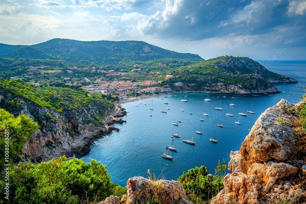 Fototapeta premium Coastal Town Overlooking the Sea from a Cliff