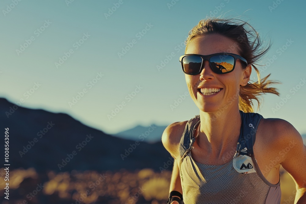 a realistic photograph of a woman running in an ultra marathon event, wearing sunglasses, smiling, mountains, early morning, sun rising, dramatic lighting, cinematic, 50mm lens, kodachrome a realistic photograph of a woman running in an ultra marathon event, wearing sunglasses, smiling, mountains, early morning, sun rising, dramatic lighting, cinematic, 50mm lens, kodachrome
