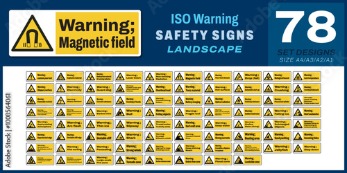78 set ISO warning safety signs v5 magnetig field_landscape size 1/2 a4,a3,a2,a1	
