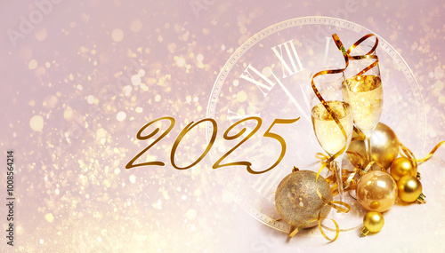 Congratulations on the New Year 2025. 2 glasses of champagne, golden streamers and golden Christmas balls on a pink background
