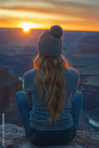 A woman sits quietly on a rocky ledge at the Grand Canyon, watching the vibrant colors of a sunrise paint the sky photo