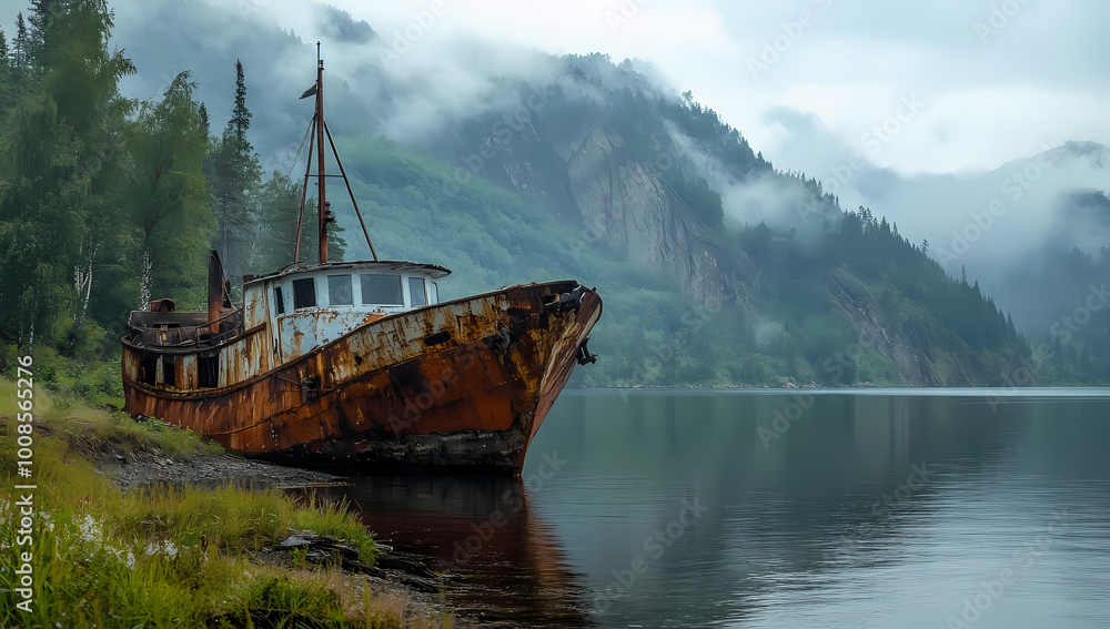 Old rusty ship by Lake Baikal with green mountains backdrop Old rusty ship by Lake Baikal with green mountains backdrop