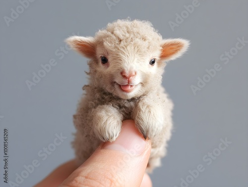 The world's smallest lamb, perched on someone's finger with its mouth slightly open