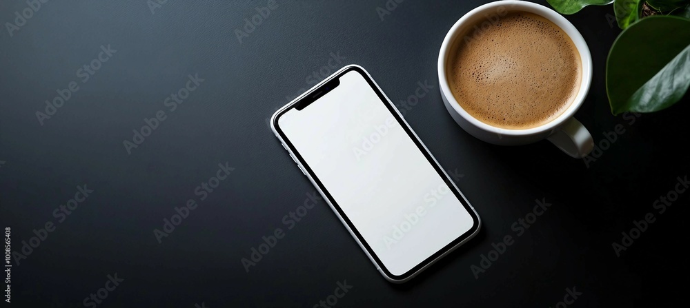 Coffee Break with Smartphone Mockup on Black Desk Coffee Break with Smartphone Mockup on Black Desk