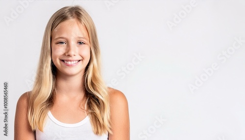 teenage woman smiling at camera wearing white tank top and plain white background