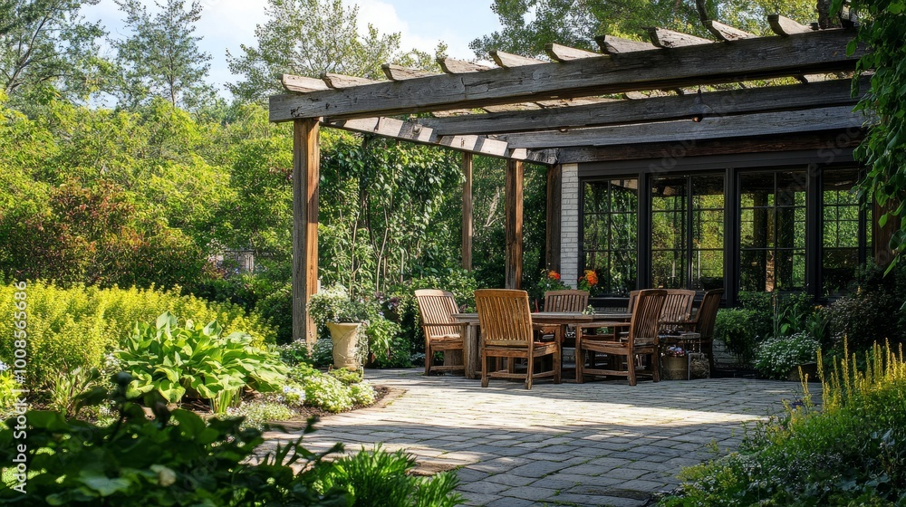Green garden patio space with a wooden pergola, comfortable chairs, clear windows, and natural light creating a cozy outdoor environment Green garden patio space with a wooden pergola, comfortable chairs, clear windows, and natural light creating a cozy outdoor environment