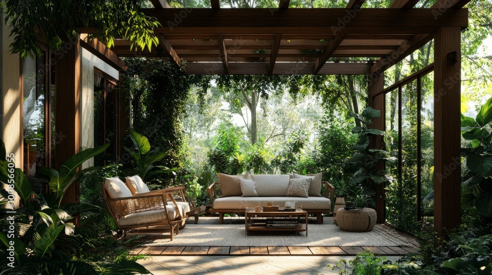 Green garden patio with a wooden pergola and cozy seating, surrounded by lush greenery, clear windows reflecting natural light for a serene outdoor vibe Green garden patio with a wooden pergola and cozy seating, surrounded by lush greenery, clear windows reflecting natural light for a serene outdoor vibe