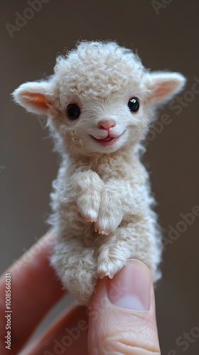 The world's smallest lamb, perched on someone's finger with its mouth slightly open