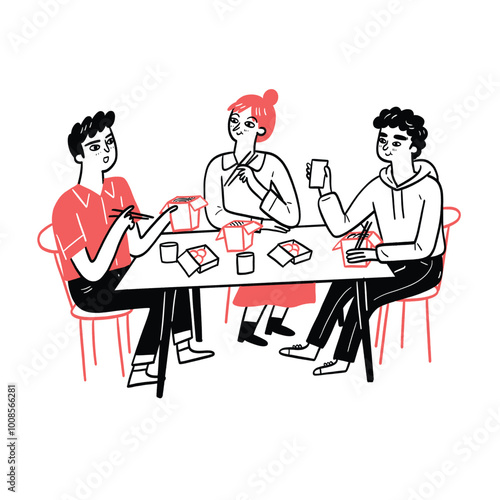 This shows three people sitting at a table, eating and drinking. They’re having a meal together, possibly enjoying a casual or social dining experience. 