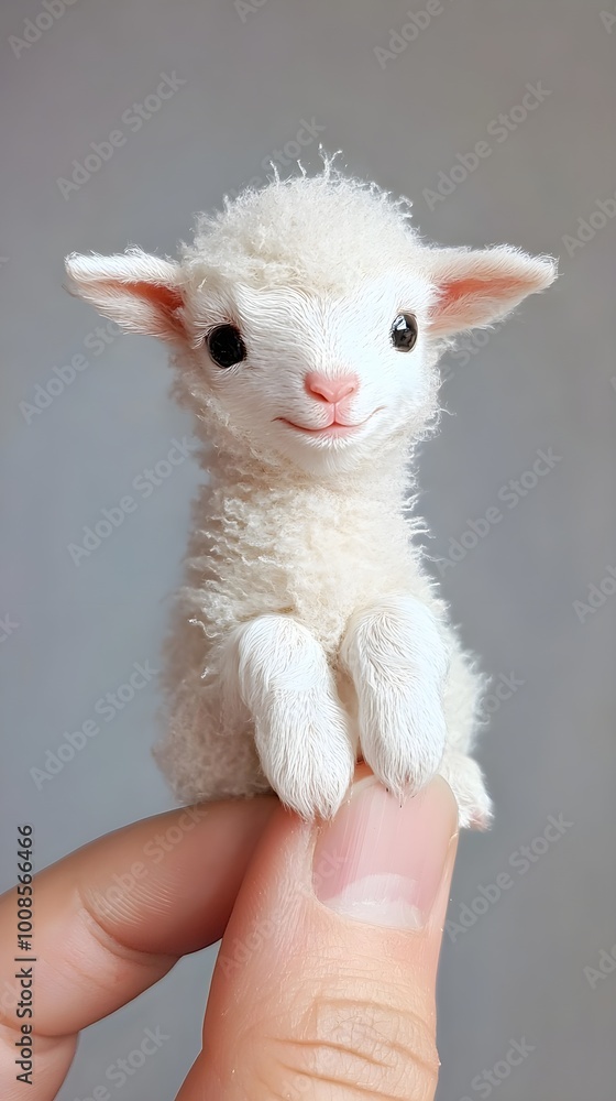 The world's smallest lamb, perched on someone's finger with its mouth slightly open The world's smallest lamb, perched on someone's finger with its mouth slightly open