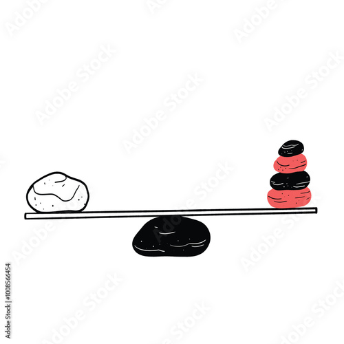 This shows a seesaw balance with a single rock on one side and a stack of rocks on the other, illustrating the concept of weight distribution and balance.