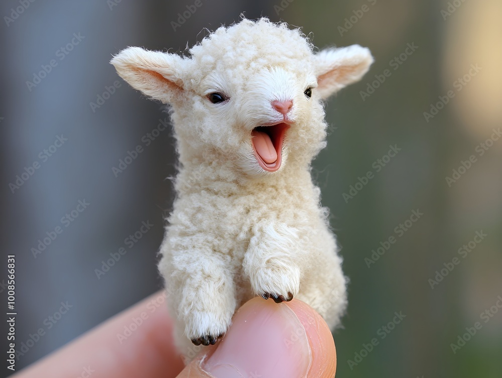 The world's smallest lamb, perched on someone's finger with its mouth slightly open The world's smallest lamb, perched on someone's finger with its mouth slightly open