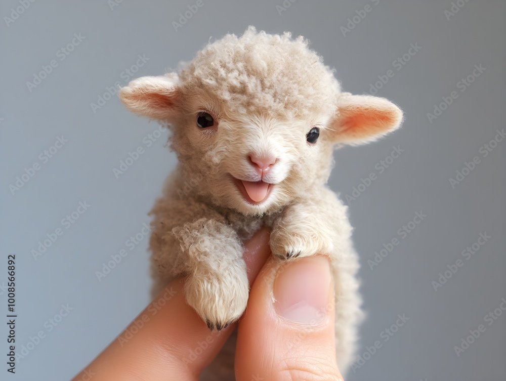 The world's smallest lamb, perched on someone's finger with its mouth slightly open The world's smallest lamb, perched on someone's finger with its mouth slightly open