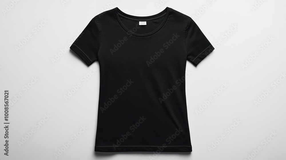A classic black women's t-shirt displayed flat on a bright white background, showcasing timeless and versatile wardrobe options A classic black women's t-shirt displayed flat on a bright white background, showcasing timeless and versatile wardrobe options
