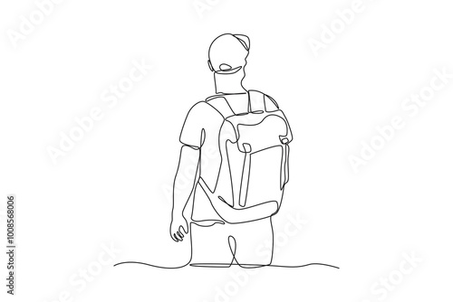 Simple continuous line drawing of a man solo hiking at mountain. Simple continuous line, simple line.