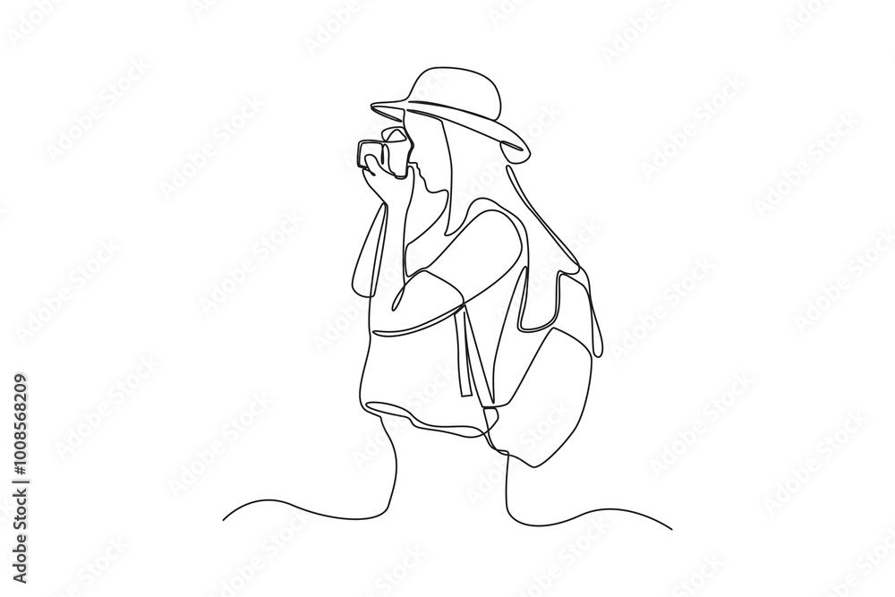 Simple continuous line drawing of young girl takes a photo at nature. Simple continuous line, simple line. Simple continuous line drawing of young girl takes a photo at nature. Simple continuous line, simple line.