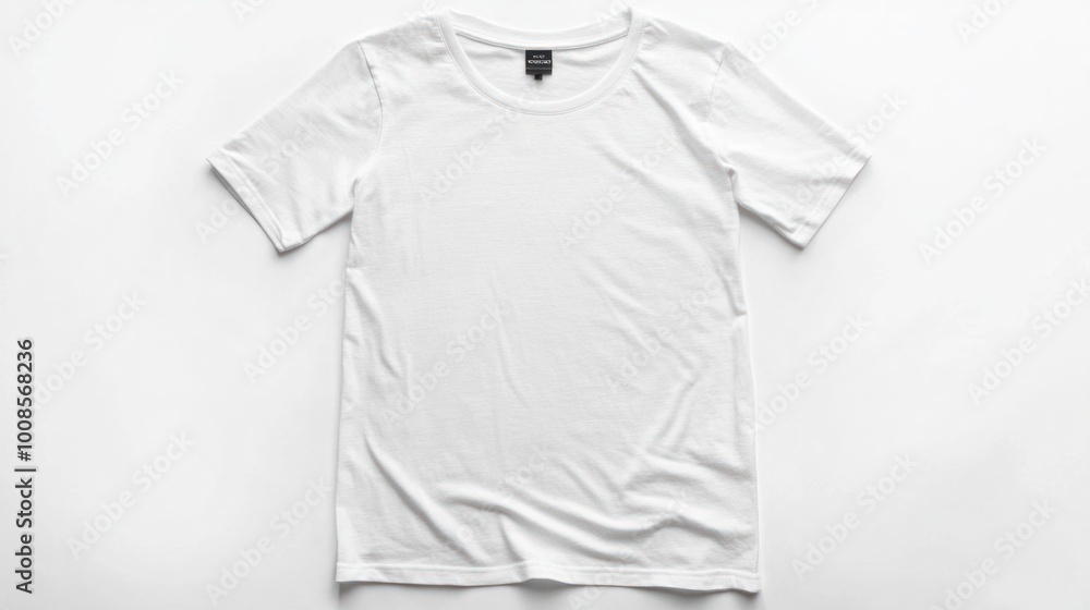 A classic white women's t-shirt laid flat on a bright white surface, ideal for highlighting minimalist fashion styles and versatility A classic white women's t-shirt laid flat on a bright white surface, ideal for highlighting minimalist fashion styles and versatility