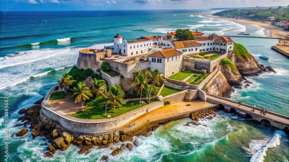 Historic Cape Coast Castle on the Coast of Ghana Surrounded by Beautiful Ocean and Scenic Landscape Historic Cape Coast Castle on the Coast of Ghana Surrounded by Beautiful Ocean and Scenic Landscape
