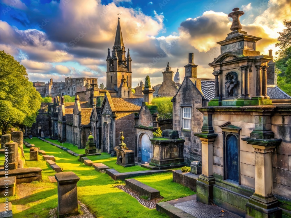 Fototapeta premium Historic Greyfriars Cemetery in Edinburgh, Scotland featuring ancient tombstones and gothic architecture