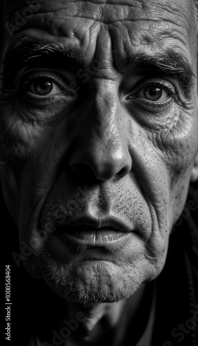 Close-up portrait of an elderly man with expressive wrinkles and intense gaze in black and white