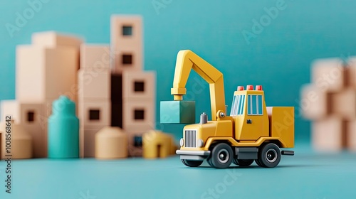 A colorful toy crane truck lifting a block with a backdrop of soft geometric shapes and pastel colors. Perfect for children's themes. photo