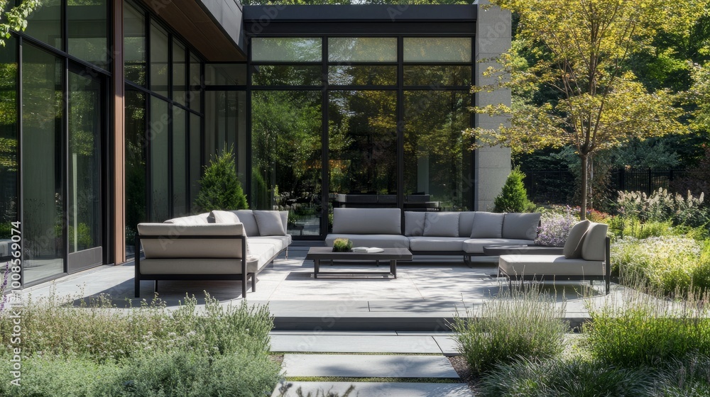 Modern outdoor patio featuring stylish seating, elegant plants, and clear windows, creating a peaceful and inviting garden atmosphere Modern outdoor patio featuring stylish seating, elegant plants, and clear windows, creating a peaceful and inviting garden atmosphere