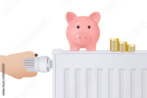 Adjustable heating radiator with a piggy bank showing cost savings