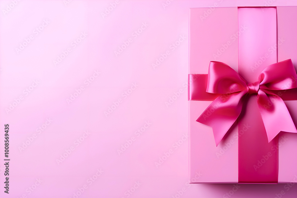 pink gift box with a bow on the right on a pink background with space for text pink gift box with a bow on the right on a pink background with space for text
