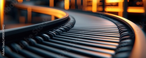 Conveyor belt moving finished goods through a brightly lit factory, representing the final stage of production photo