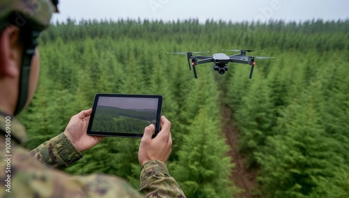 Soldier Operating Drone with iPad in a Misty Forest Landscape