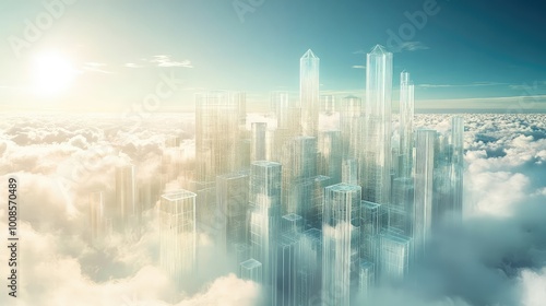 A serene, floating city made of crystal-clear glass buildings, suspended high above the clouds with shimmering light reflections.