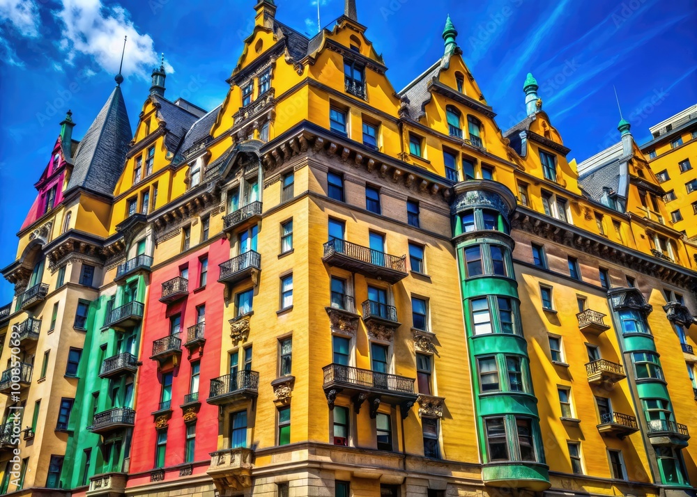 Obraz premium Iconic building exterior of Dakota apartments in New York City against a clear blue sky backdrop