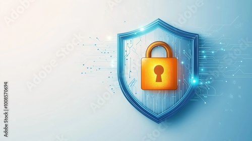 Blue shield protecting padlock on circuit board background representing online safety and cybersecurity