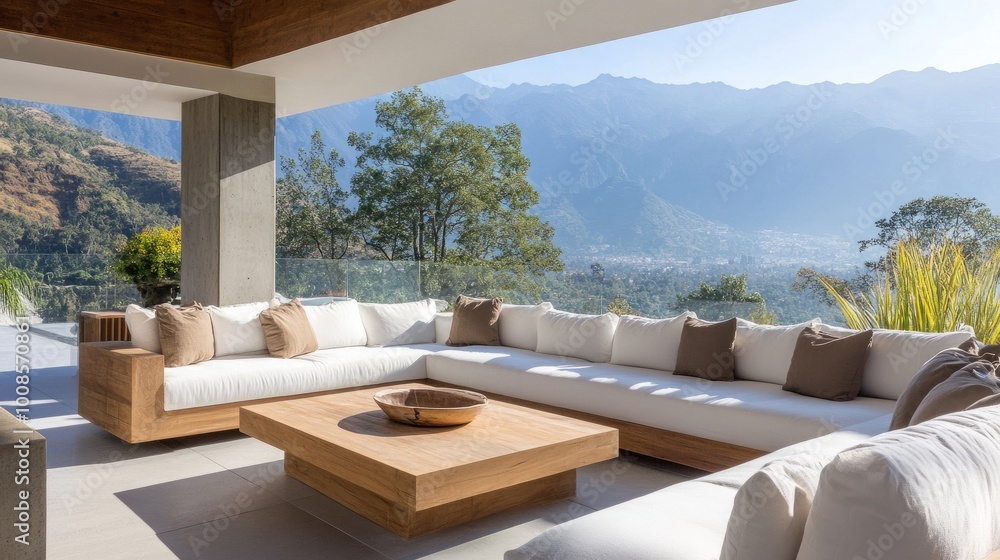 Obraz premium Modern patio with a plush white sofa, stylish wooden coffee table, pillows, serene mountain backdrop, and clear windows adding to the open ambiance
