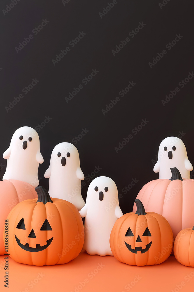 Baby shower nursery, pastel Halloween pumpkins and ghosts, 3D illustration Baby shower nursery, pastel Halloween pumpkins and ghosts, 3D illustration