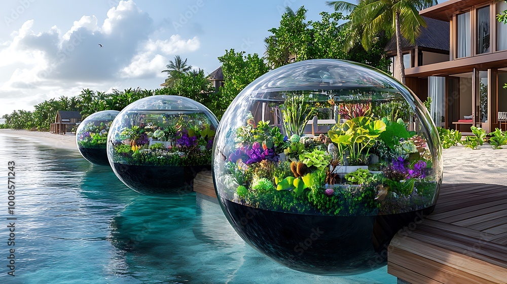 Tropical Garden Domes on Beach with Modern House Tropical Garden Domes on Beach with Modern House