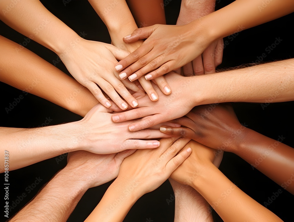 Stack of hands showing unity and teamwork Stack of hands showing unity and teamwork