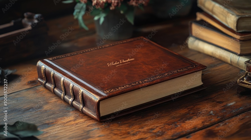 A beautifully crafted leather book resting on a wooden table, showcasing elegance and timeless charm. A beautifully crafted leather book resting on a wooden table, showcasing elegance and timeless charm.
