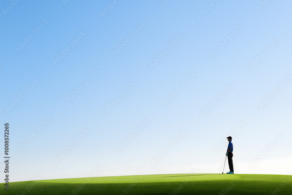 Solitude on the Course: Golfer Standing Alone on a Sunny Hilltop Under a Clear Blue Sky Solitude on the Course: Golfer Standing Alone on a Sunny Hilltop Under a Clear Blue Sky