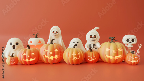 Halloween 3D figures of cute pumpkins, ghosts, skeletons, pink background. Invitation mockup. Generative AI