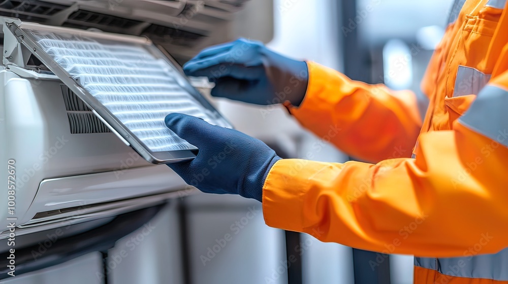 Technician Inspecting Air Conditioner Unit Technician Inspecting Air Conditioner Unit