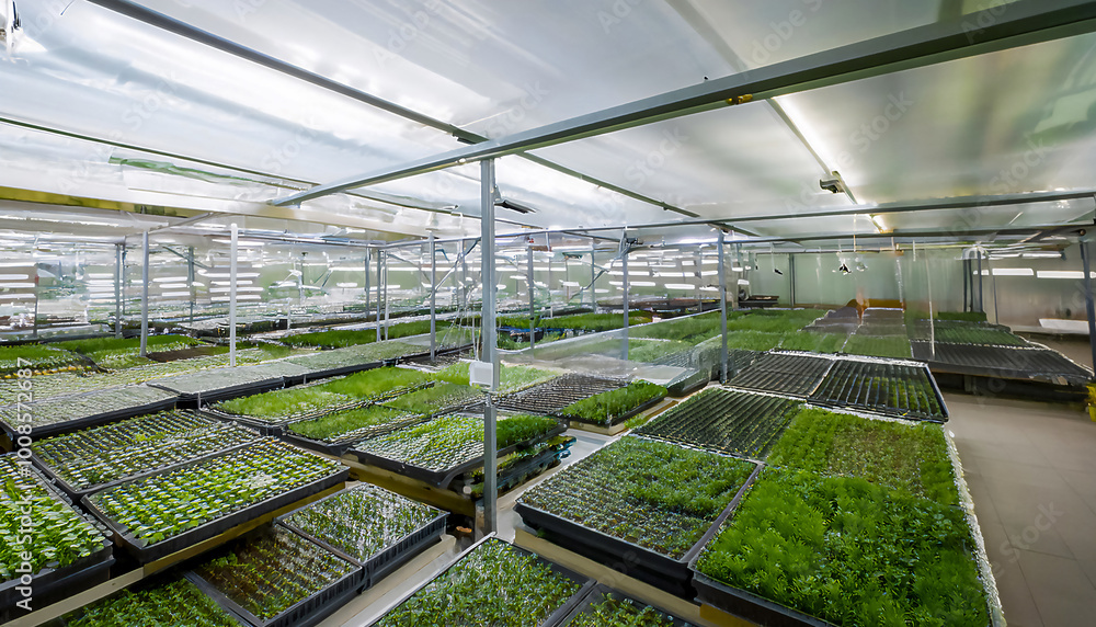 Modern greenhouse farm for growing microgreens for a healthy diet Modern greenhouse farm for growing microgreens for a healthy diet