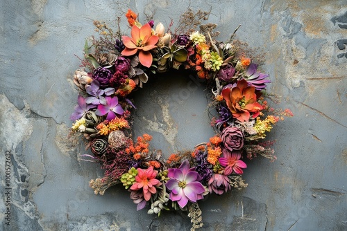 A Vibrant Floral Wreath Adorns a Grey Textured Wall