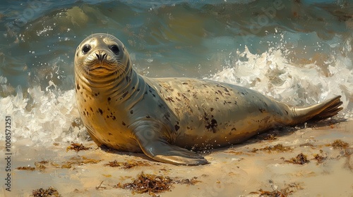 a young elephant seal basking on the sandy shore its body glistening in the sunlight creating a captivating beach scene filled with warmth and charm