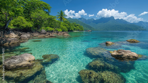 A serene coastal view featuring vibrant turquoise water, rocky formations, and lush green trees under a bright blue sky in a tropical setting