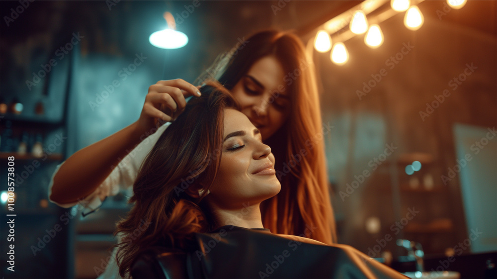 A woman in a hairdressing salon does her hair. The hairdresser provides haircut, styling and coloring services. A woman in a hairdressing salon does her hair. The hairdresser provides haircut, styling and coloring services.