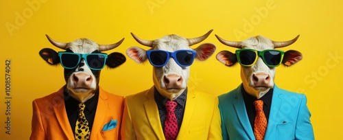 Cows in colorful suits and sunglasses on a yellow background. photo