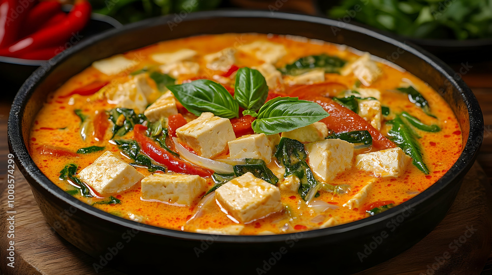 A Close-Up View of a Delicious Red Curry with Tofu, Peppers, and Basil in a Black Bowl, Aromatic Spices and Vegetables Combined in a Rich, Creamy Sauce A Close-Up View of a Delicious Red Curry with Tofu, Peppers, and Basil in a Black Bowl, Aromatic Spices and Vegetables Combined in a Rich, Creamy Sauce